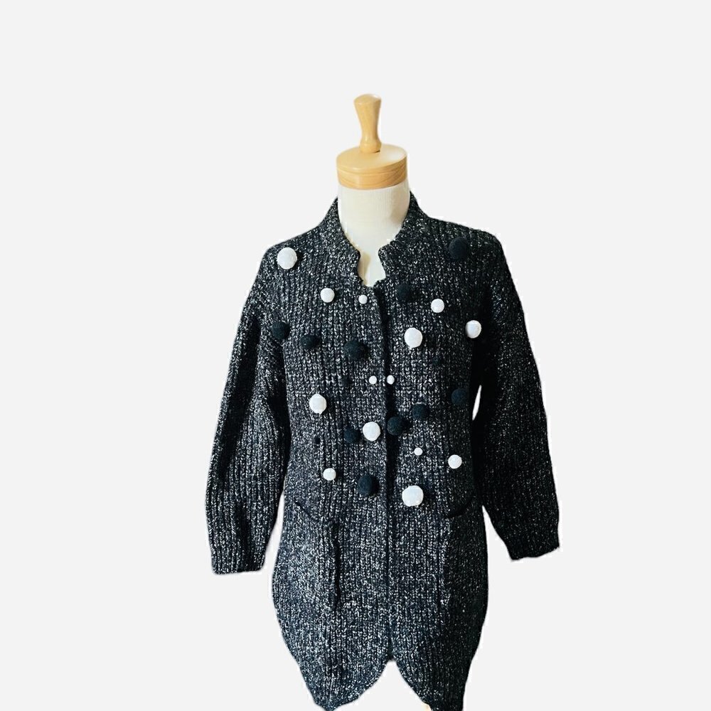 OVERSIZED Chunky Charcoal Black Ribbed Knit Pom-Pom Open Front Cardigan. X-large